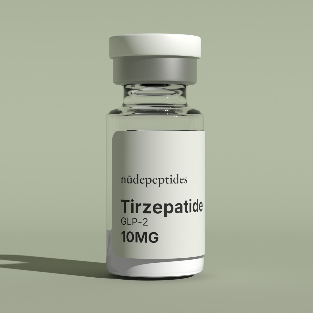 Tirzepatide 10mg vial on a sage backdrop