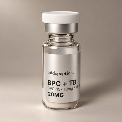 BPC 10mg + TB 10mg vial, higher angle on a soft studio backdrop