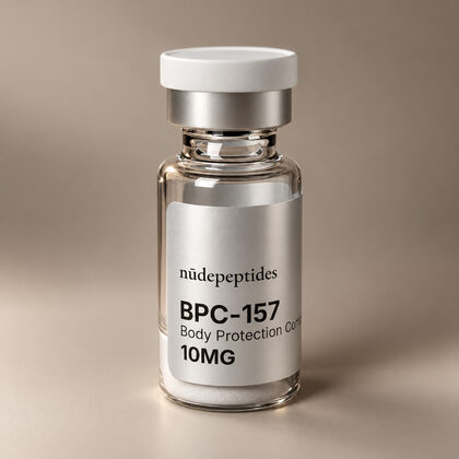 BPC-157 10mg vial, higher angle on a soft studio backdrop