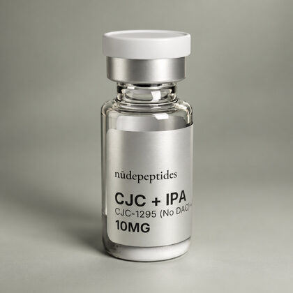 CJC-1295 (No DAC) + Ipamorelin vial, higher angle on a soft studio backdrop