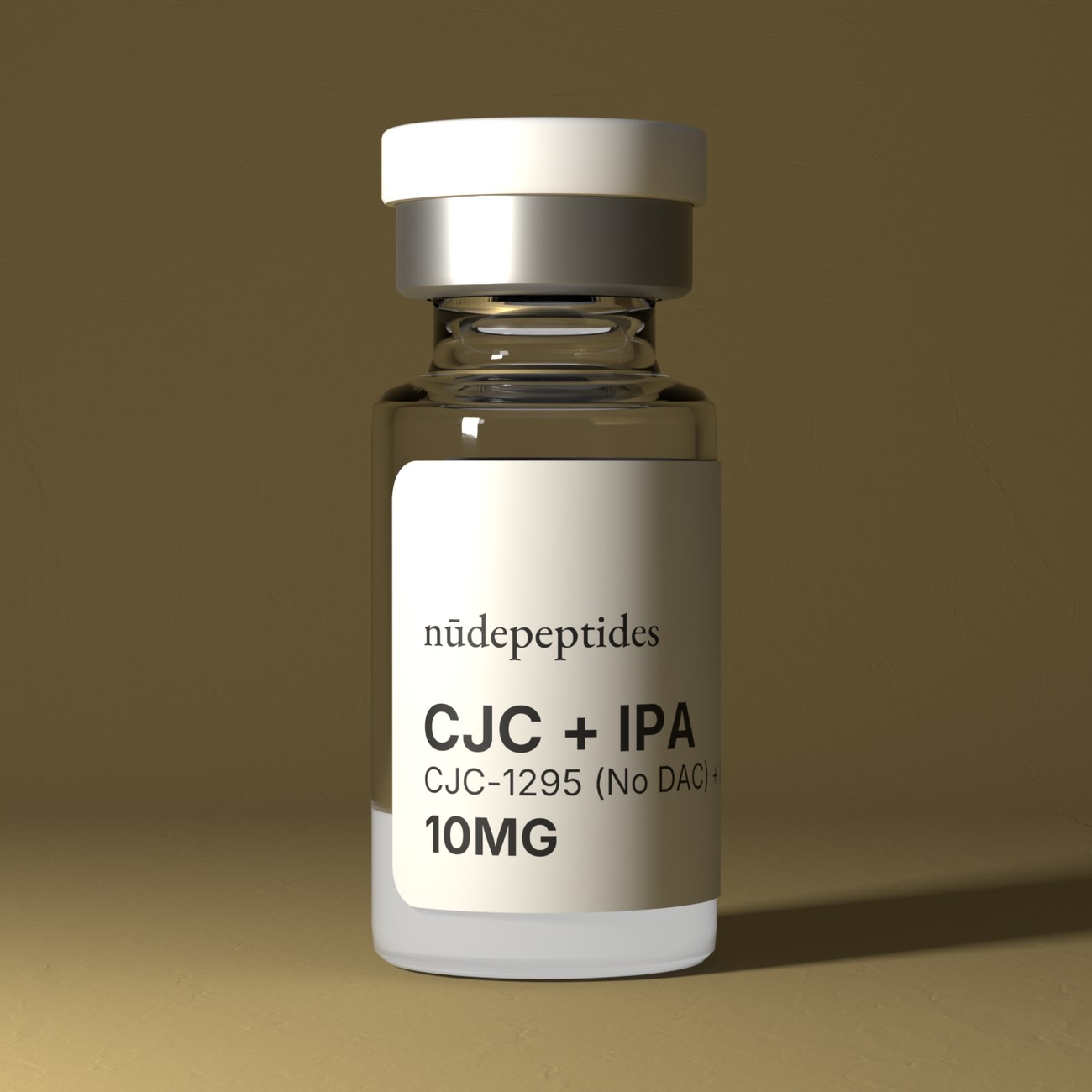 CJC-1295 + Ipamorelin vial on an ochre paper backdrop