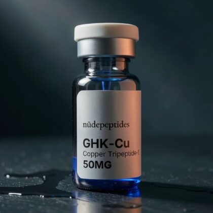GHK-Cu 50mg vial on a dark wet surface