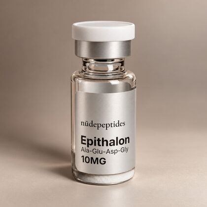 Epithalon 10mg vial, higher angle on a soft studio backdrop