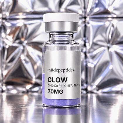 GLOW 70mg vial against embossed silver foil