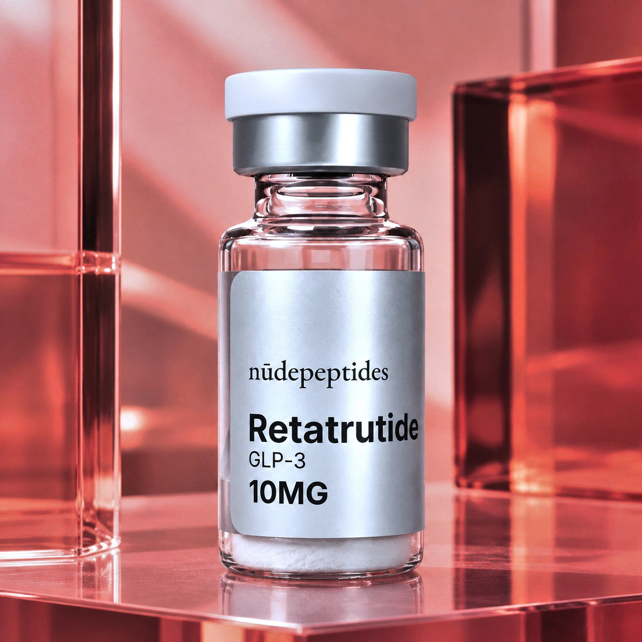 Retatrutide 10mg vial on red acrylic